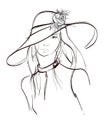 Hand drawn beautiful young woman with flower on a hat. Cute girl with long hair. Sketch.