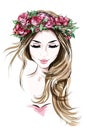 Hand drawn beautiful young woman in flower wreath. Cute girl with long hair. Sketch.