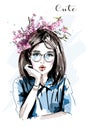 Hand drawn beautiful young woman with flower wreath. Cute girl. Royalty Free Stock Photo
