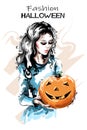 Hand drawn beautiful young woman with halloween pumpkin. Stylish elegant girl holding pumpkin with happy face. Fashion woman.