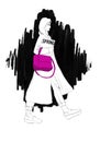 Hand drawn beautiful young woman with a handbag. sketch of a woman walks with a big bag and fashion magazine Royalty Free Stock Photo