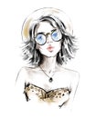 Hand drawn beautiful young woman in hat. Fashion girl in sunglasses. Stylish lady in leopard print shirt. Sketch.