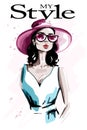 Hand drawn beautiful young woman in hat. Fashion woman in sunglasses. Stylish lady. Royalty Free Stock Photo