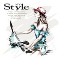 Hand drawn beautiful young woman in hat with scooter. Fashion woman riding. Stylish girl in fashion clothes. Royalty Free Stock Photo