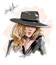 Hand drawn beautiful young woman in hat. Stylish blonde hair girl. Fashion woman look. Royalty Free Stock Photo