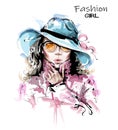 Hand drawn beautiful young woman in hat. Stylish elegant girl in sunglasses. Fashion woman portrait. Royalty Free Stock Photo