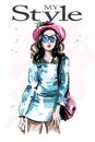 Hand drawn beautiful young woman in hat. Stylish elegant girl in sunglasses. Fashion woman. Sketch. Royalty Free Stock Photo