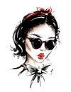 Hand drawn beautiful young woman with head accessory. Stylish elegant girl in sunglasses. Fashion woman look. Sketch. Royalty Free Stock Photo