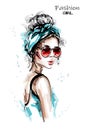 Hand drawn beautiful young woman with headband. Stylish elegant girl in sunglasses. Fashion woman portrait.