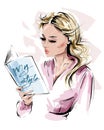 Hand drawn beautiful young woman holding a book. Stylish blonde hair girl reading a book. Fashion woman look. Sketch. Royalty Free Stock Photo