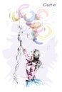 Hand drawn beautiful young woman holding colorful balloons. Stylish blonde hair girl. Fashion woman with balloons. Royalty Free Stock Photo