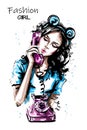 Hand drawn beautiful young woman holding handset of an old vintage style telephone. Stylish girl with bear ears head accessory.