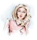 Hand drawn beautiful young woman holding phone handset. Blonde hair girl. Sketch.