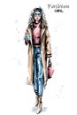 Hand drawn beautiful young woman holding plastic coffee cup. Stylish elegant girl in coat. Fashion woman look.