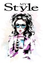 Hand drawn beautiful young woman holding transparent disposable Plastic Juice Cup. Stylish elegant girl in sunglasses. Royalty Free Stock Photo