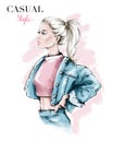 Hand drawn beautiful young woman in jeans jacket . Fashion blonde hair woman with ponytail. Fashion illustration. Stylish girl. Royalty Free Stock Photo
