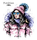 Hand drawn beautiful young woman in knit cap. Stylish girl in winter clothes. Fashion woman look.