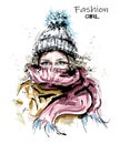 Hand drawn beautiful young woman in knit cap. Stylish winter look. Fashion woman with scarf.