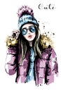 Hand drawn beautiful young woman in knit hat. Fashion woman in sunglasses. Stylish girl. Royalty Free Stock Photo