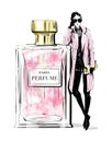 Hand drawn beautiful young woman with large perfume bottle. Fashion look. Stylish girl in fashion clothes. Woman in pink coat.