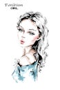 Hand drawn beautiful young woman with long blonde hair. Stylish girl. Fashion woman look. Beautiful female face.