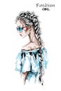 Hand drawn beautiful young woman with long braid. Stylish elegant girl in sunglasses. Fashion woman look.