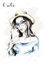 Hand drawn beautiful young woman making selfie. Fashion woman with phone. Stylish cute girl.