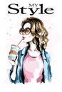 Hand drawn beautiful young woman with paper coffee cup. Fashion woman in sunglasses. Stylish lady. Royalty Free Stock Photo