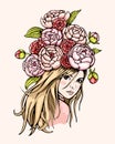 Hand drawn beautiful girl with peonies and carnations. Vector colourful illustration Royalty Free Stock Photo