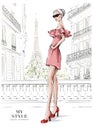 Hand drawn beautiful young woman in pink dress. Stylish girl in sunglasses. Woman in high heels. Fashion woman.