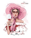 Hand drawn beautiful young woman in pink hat. Fashion woman with glass of wine. Stylish girl in sunglasses. Sketch. Royalty Free Stock Photo