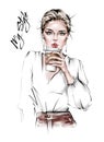Hand drawn beautiful young woman with plastic coffee cup in her hand. Stylish girl. Fashion woman look. Sketch. Royalty Free Stock Photo