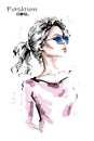 Hand drawn beautiful young woman with ponytail. Stylish blonde hair girl. Fashion woman look. Female character in sunglasses.