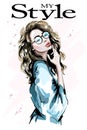 Hand drawn beautiful young woman portrait. Cute blond curly hair girl. Fashion lady.