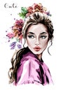 Hand drawn beautiful young woman portrait. Fashion woman. Cute girl with flowers. Royalty Free Stock Photo