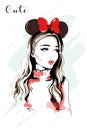 Hand drawn beautiful young woman portrait. Fashion woman with ear headband.