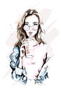 Hand drawn beautiful young woman portrait. Fashion girl with coffee cup. Stylish woman in sunglasses.