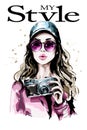 Hand drawn beautiful young woman portrait. Fashion woman in stylish cap. Cute girl with photo camera. Royalty Free Stock Photo