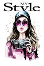 Hand drawn beautiful young woman portrait. Fashion woman in stylish cap. Cute girl with photo camera.