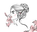 Hand drawn beautiful young woman portrait. Fashion woman. Cute girl with flowers Royalty Free Stock Photo