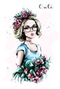 Hand drawn beautiful young woman portrait. Fashion woman in flower wreath. Pretty blond hair girl with flowers. Royalty Free Stock Photo
