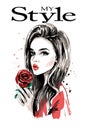 Hand drawn beautiful young woman portrait. Fashion woman with red rose.