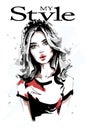 Hand drawn beautiful young woman portrait. Stylish elegant girl with long hair. Fashion woman.