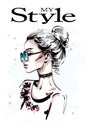 Hand drawn beautiful young woman profile. Stylish elegant blond hair girl in sunglasses. Fashion woman portrait.