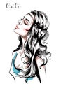 Hand drawn beautiful young woman profile. Stylish elegant girl with long blond hair. Fashion woman portrait.