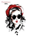 Hand drawn beautiful young woman in red beret. Stylish girl in sunglasses. Fashion woman look. Sketch. Royalty Free Stock Photo