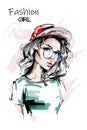 Hand drawn beautiful young woman in red cap. Stylish elegant girl in casual clothing. Fashion woman portrait.