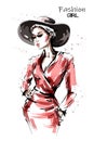 Hand drawn beautiful young woman in red dress. Stylish elegant girl in hat. Fashion woman portrait. Royalty Free Stock Photo