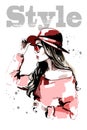 Hand drawn beautiful young woman in red hat. Fashion woman. Stylish lady portrait. Sketch. Royalty Free Stock Photo