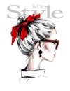 Hand drawn beautiful young woman with red headband. Female profile. Stylish girl in sunglasses. Fashion woman look. Red bow.